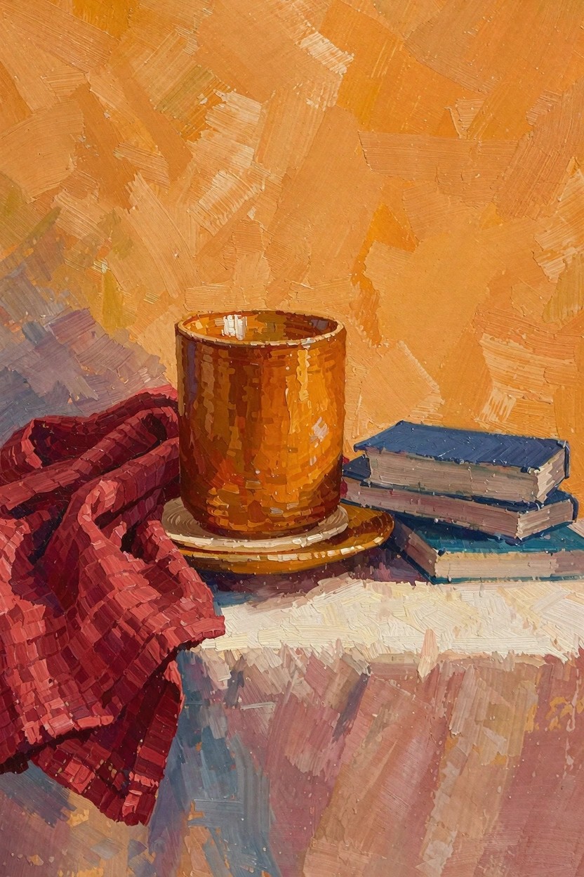 Oil painting of brown ceramic mug on saucer next to stacked blue books with red draped cloth on white table against textured orange background.