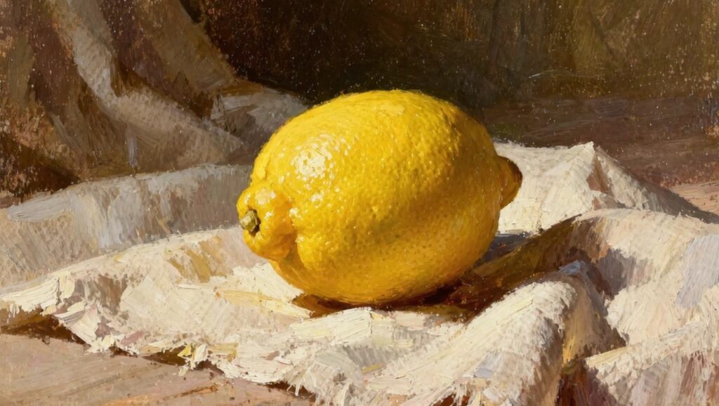 Oil painting of a textured yellow lemon on folded white fabric with a dark background.