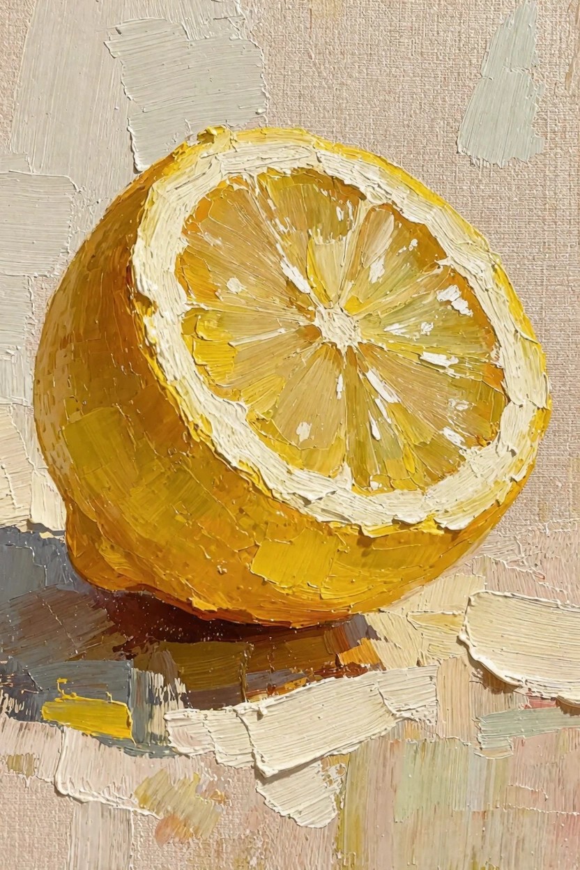 Oil painting of a halved lemon sliced open to reveal pulp segments, rendered in thick impasto on a textured beige background with shadows.