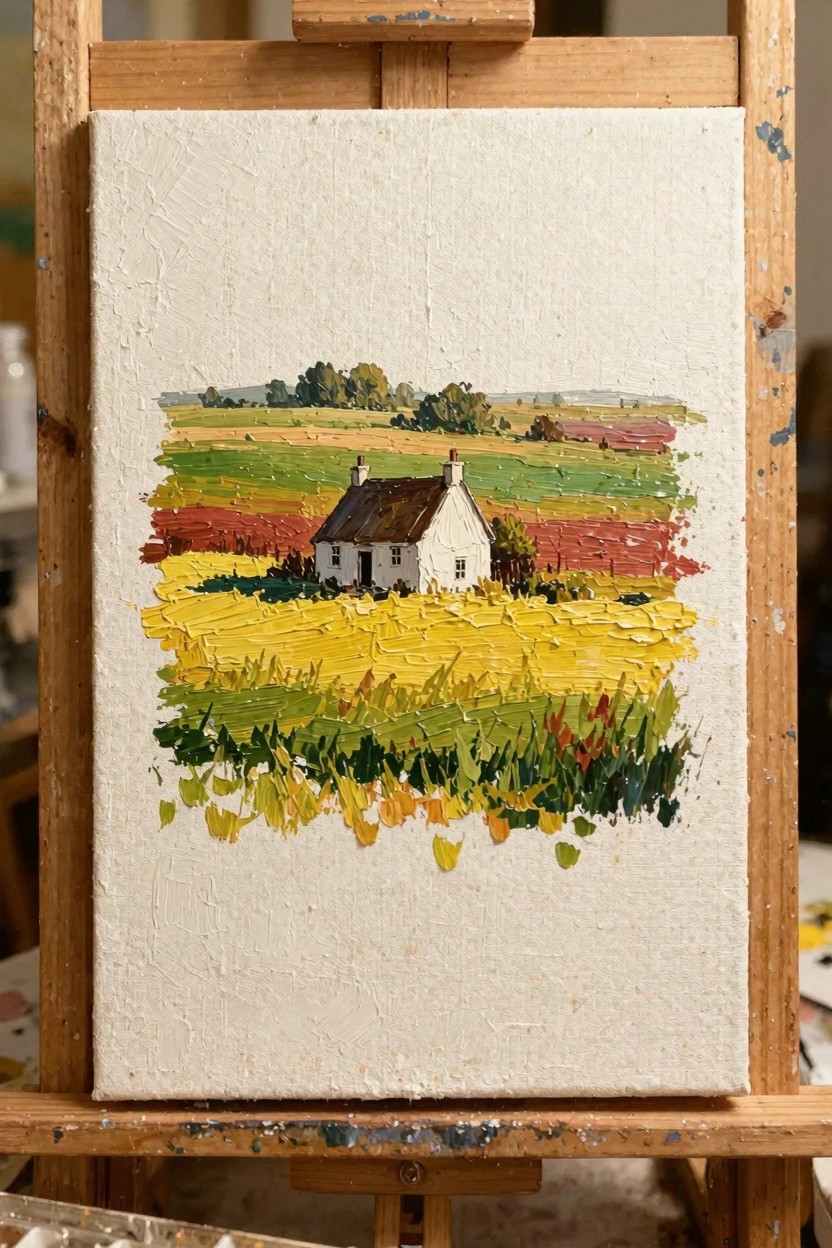 Oil painting on an easel showing a white cottage with thatched roof centered in textured fields of yellow wheat, red crops, green grass, and distant hills.