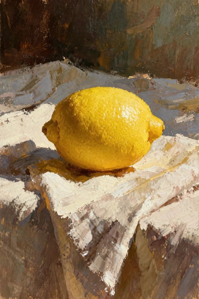 Oil painting of a textured yellow lemon on folded white fabric with a dark background.