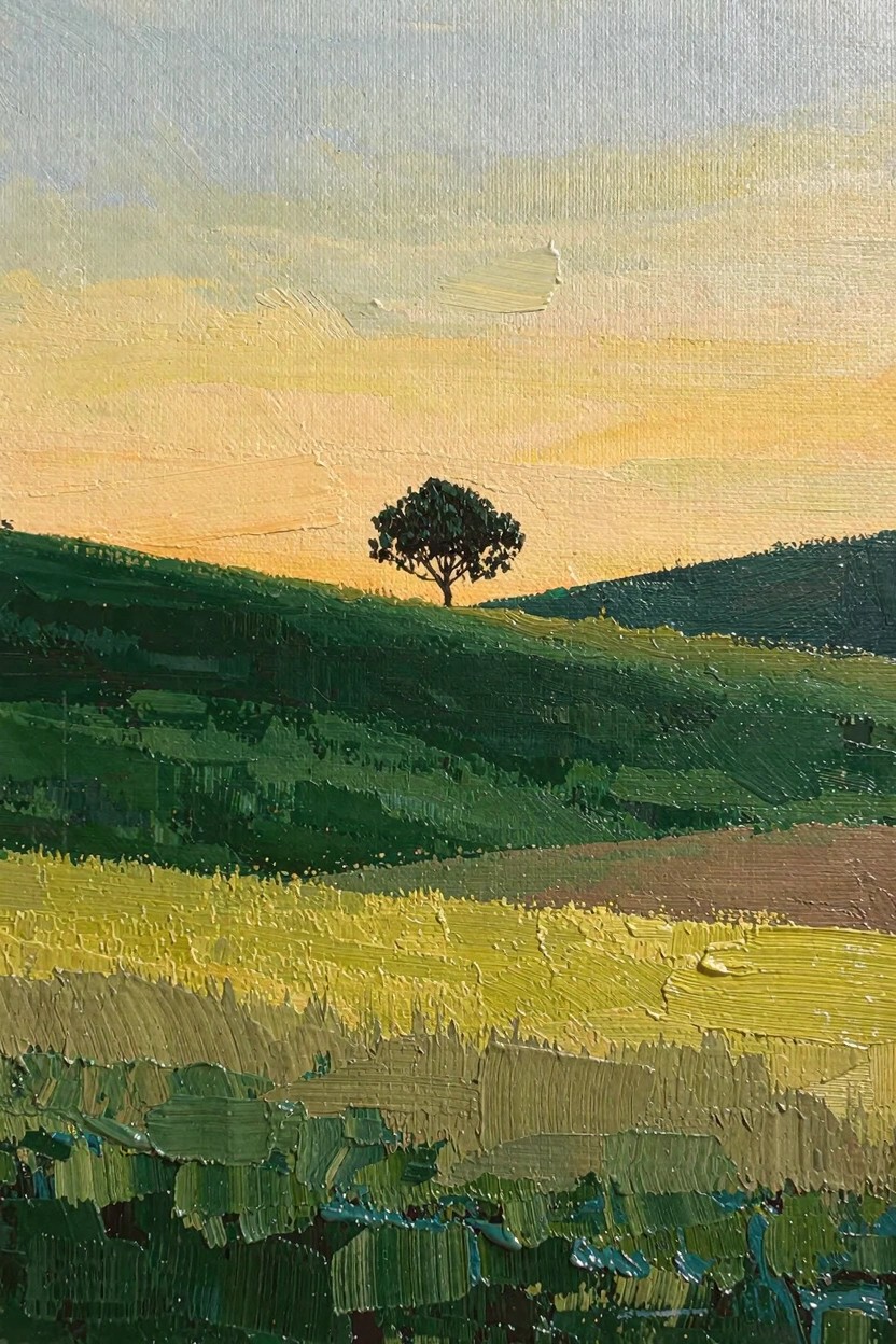 Oil painting depicting a dark lone tree on a green hill with rolling fields in yellow and green under an orange-yellow sunset sky.