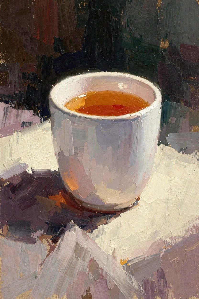 Oil painting of a white cup with amber tea on a light surface, lit from the side against dark abstract shadows in purple, green, and gold tones.