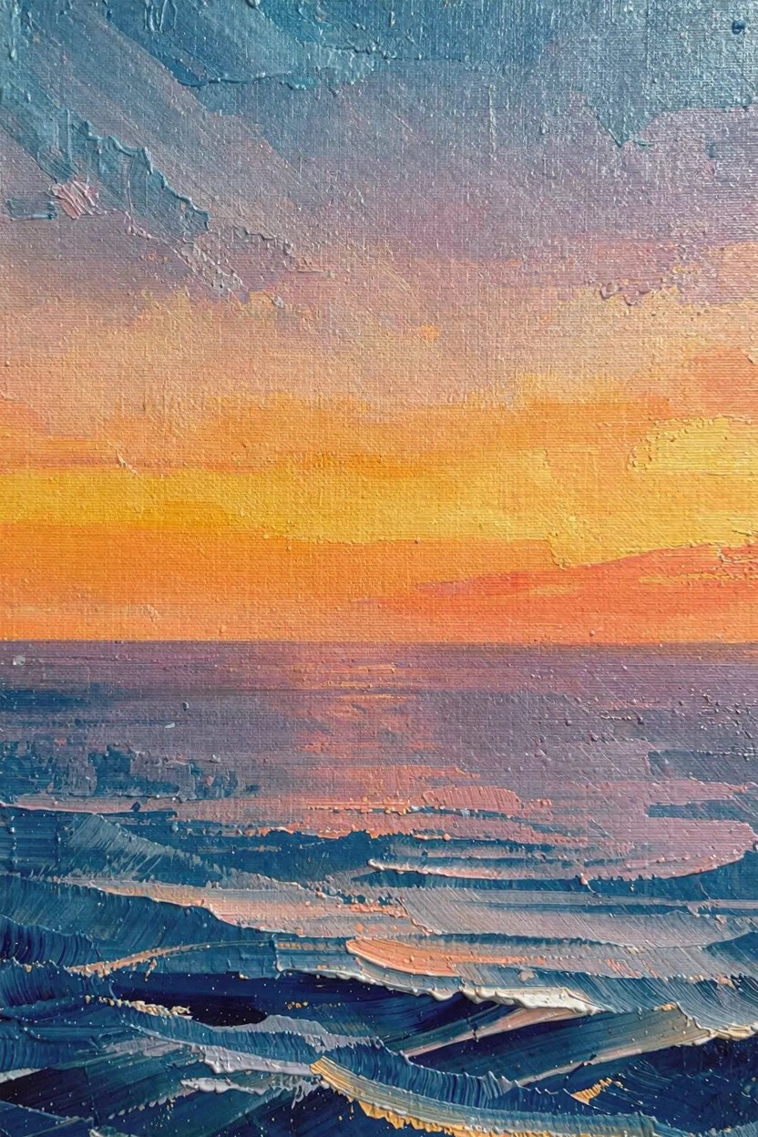 Oil painting of an orange-yellow sunset sky blending into blue-purple tones over a textured dark blue ocean with whitecapped waves.