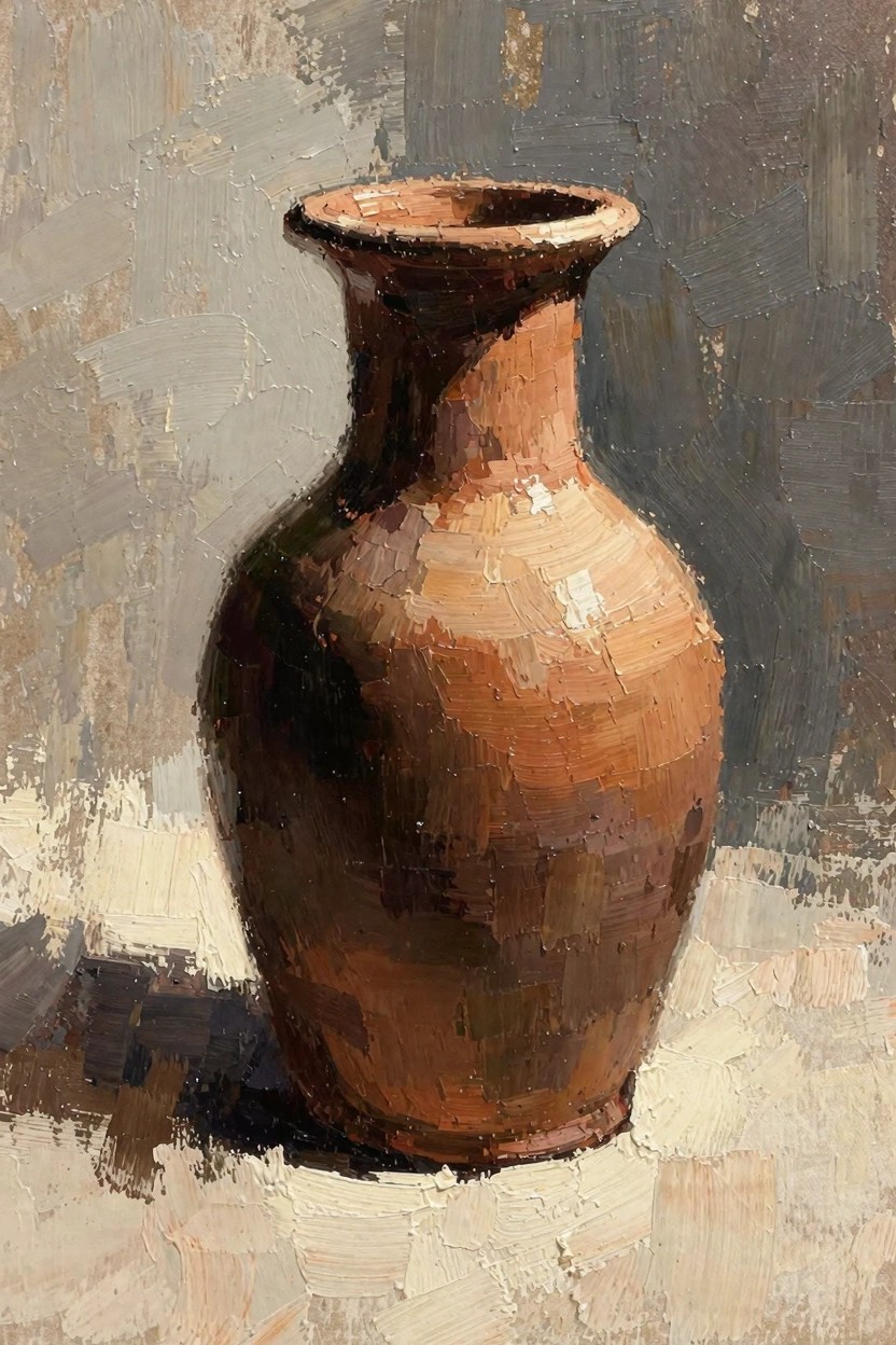 Oil painting of a textured terracotta vase on a light surface with a gray background and cast shadow.