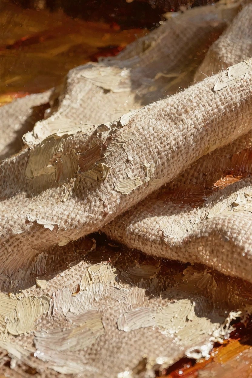 Close-up oil painting of folded coarse beige burlap with thick impasto gold and beige paint globs on a warm orange background.