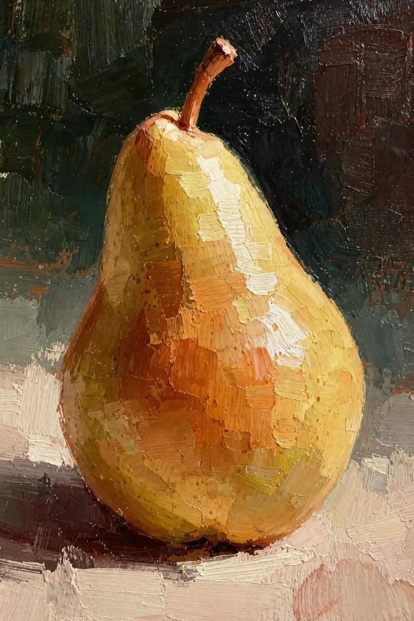 Oil painting of a single golden pear with visible impasto brushstrokes on a light surface against a dark background.
