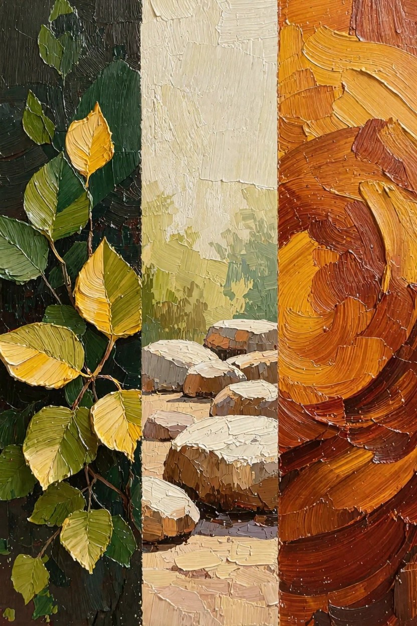 Vertical triptych oil painting with green-yellow birch leaves on the left, pale rocks on beige ground in the center, and orange-red impasto swirls on the right.