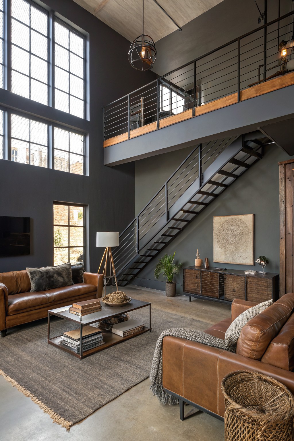 Open-concept loft living room featuring deep charcoal gray walls, black metal staircase, brown leather sofas, wood media cabinet, and large industrial windows