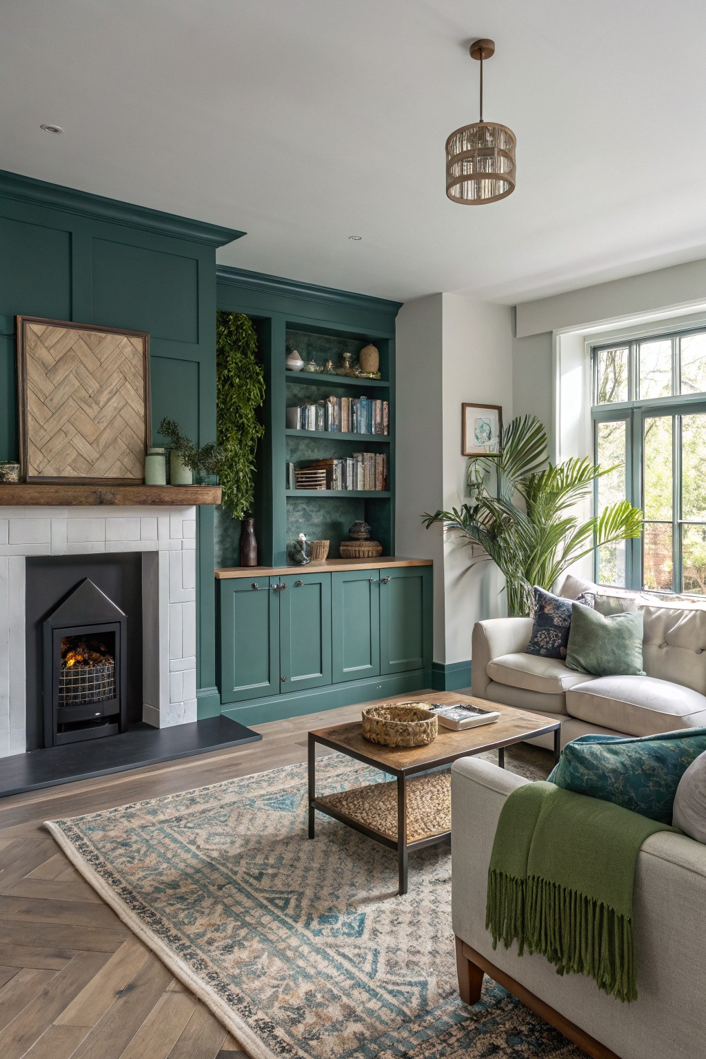 Cozy open-concept living room featuring deep green paneled walls and cabinets, white brick fireplace, cream sofa, wood floors, and large windows