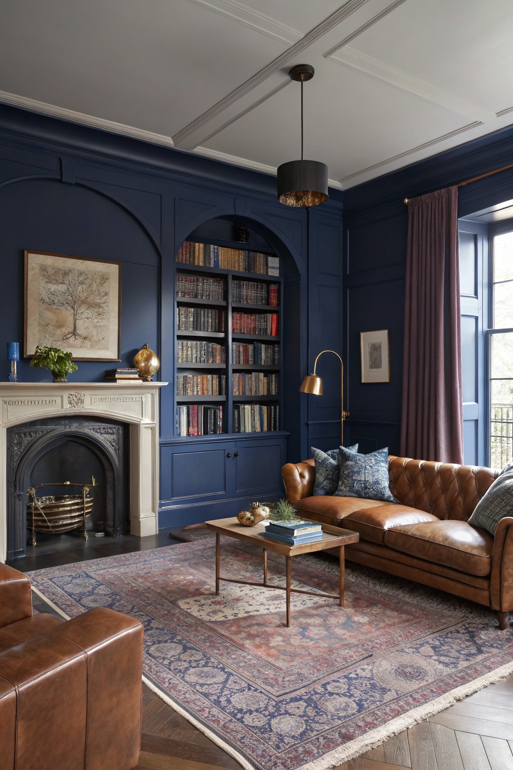 Elegant living room featuring deep navy paneled walls, built-in bookshelves, tan leather sofa, brass accents, and a patterned rug by a fireplace