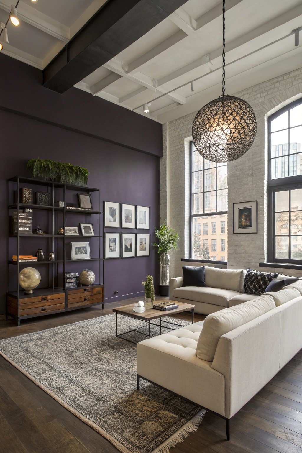 Open-concept loft living room featuring deep purple accent wall with black metal bookshelf, cream L-shaped sofa, woven rug, and exposed brick with large windows