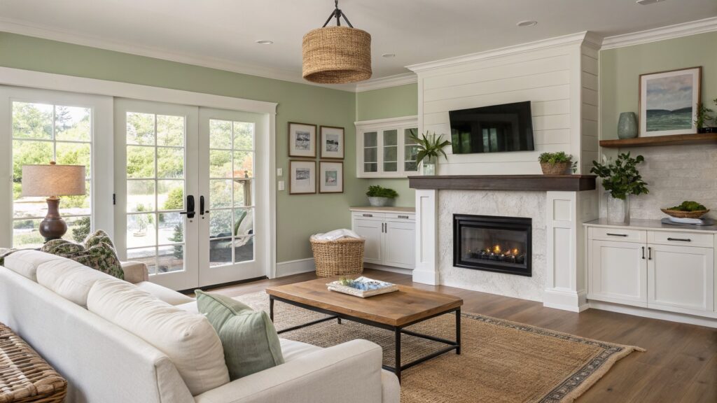 Open concept living room with soft sage green walls, white fireplace cabinets, and natural light from French doors creating easy flow