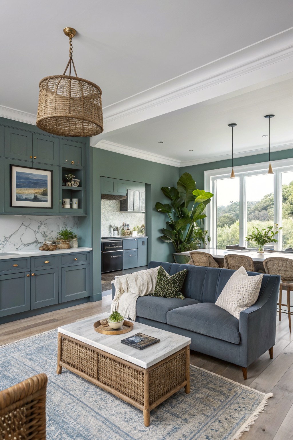 Open concept living room and kitchen with muted sage green walls, navy cabinets, rattan furniture, blue velvet sofa, plants, and large windows to green hills