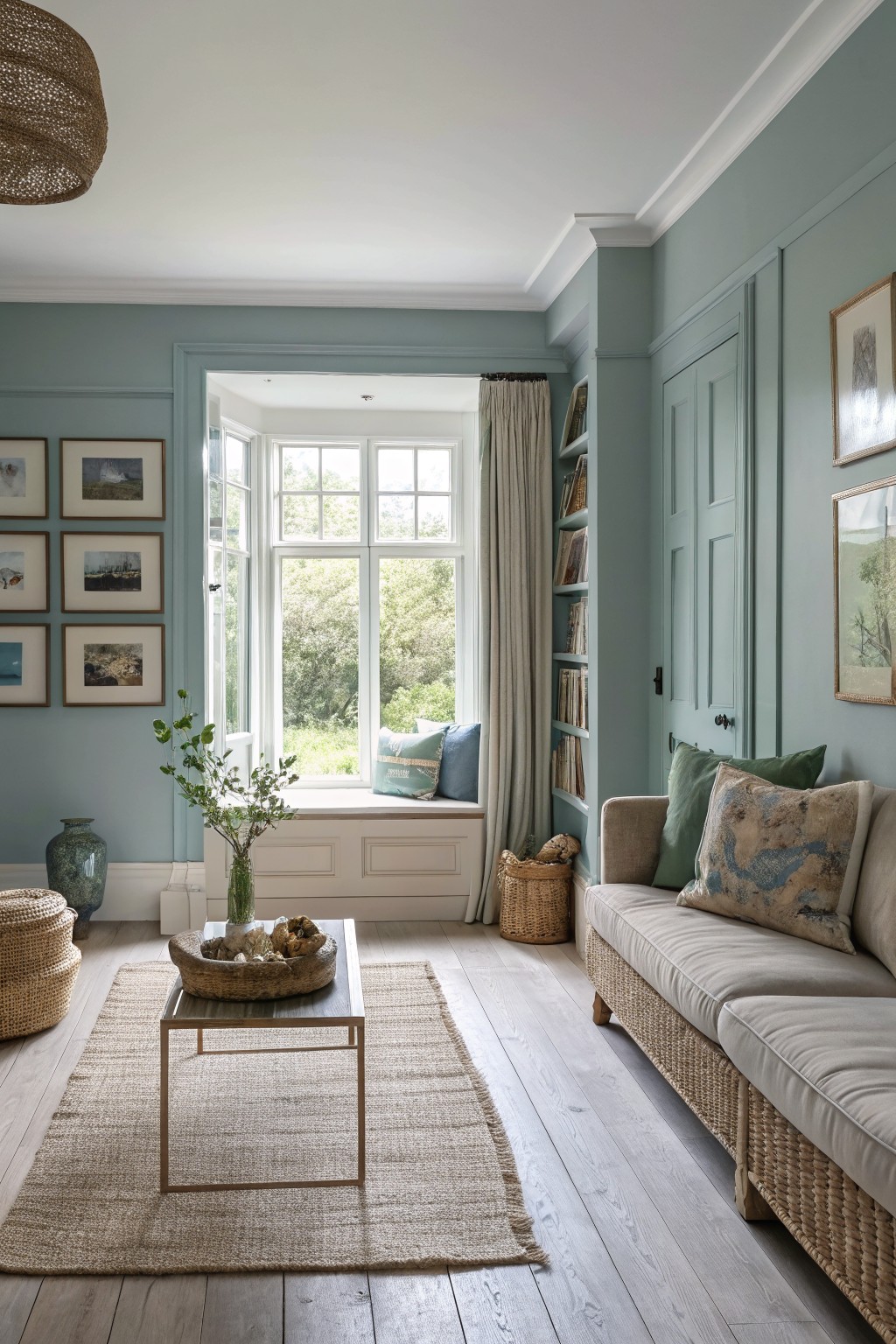 Living room with pale blue-green walls, bay window with greenery view, rattan sofa, wood floors, and neutral accents for a relaxed coastal feel