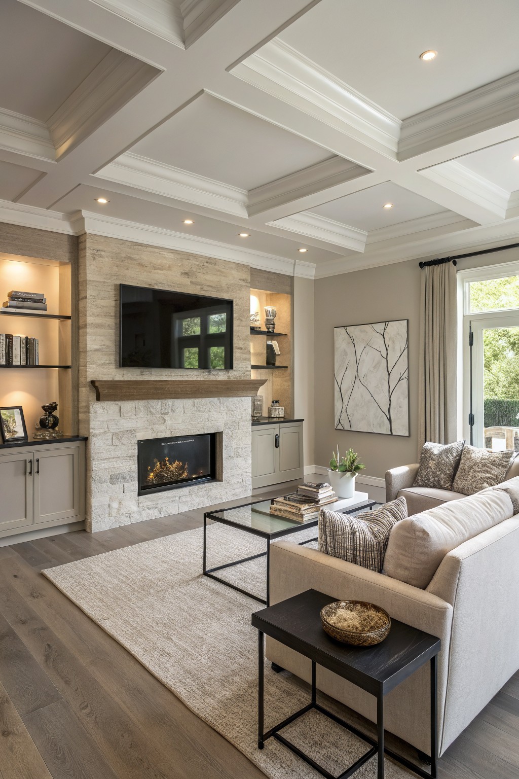 Open living room with soft greige walls, white trim, stone fireplace, beige sofa, wood floors, and large windows