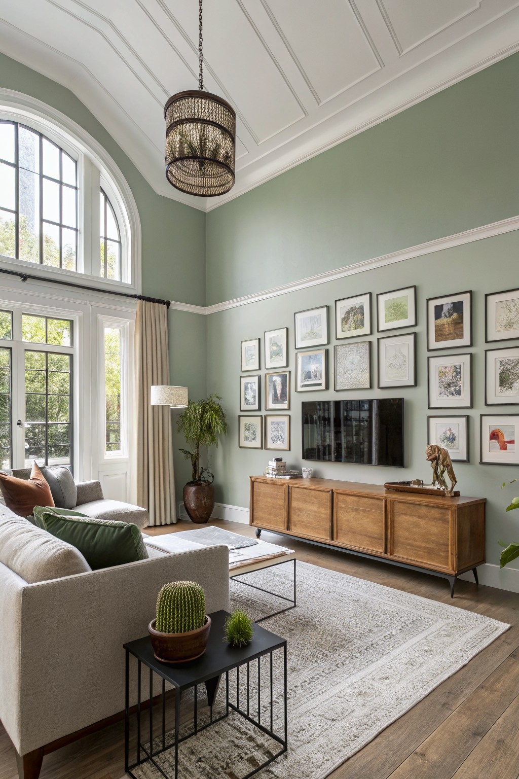 Open living room with soft sage green walls, tall arched windows with cream drapes, beige L-shaped sofa, wooden media cabinet, and neutral rug on hardwood floors
