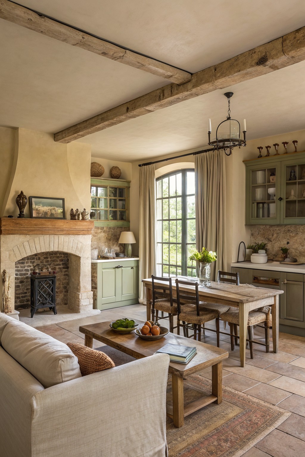 Open-concept living room and kitchen with soft warm greige walls, exposed wood beams, sage green cabinets, stone fireplace, and wood furniture for a rustic cozy feel