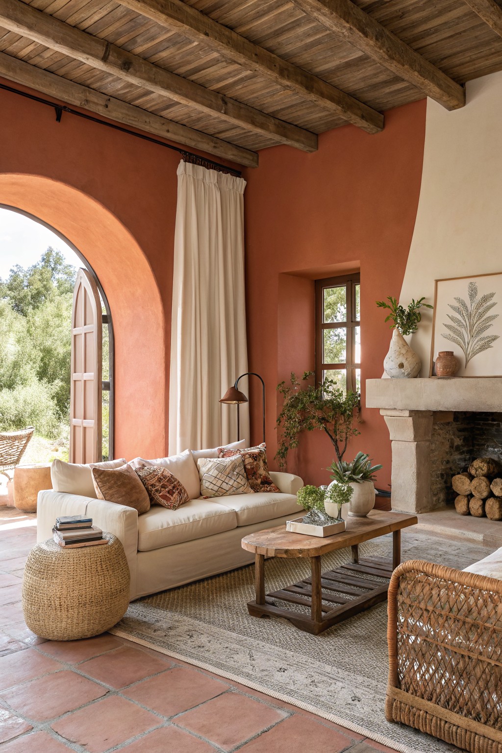 Open concept living room featuring warm terracotta walls, arched doorway to greenery, cream sofa, wood beams, and stone fireplace