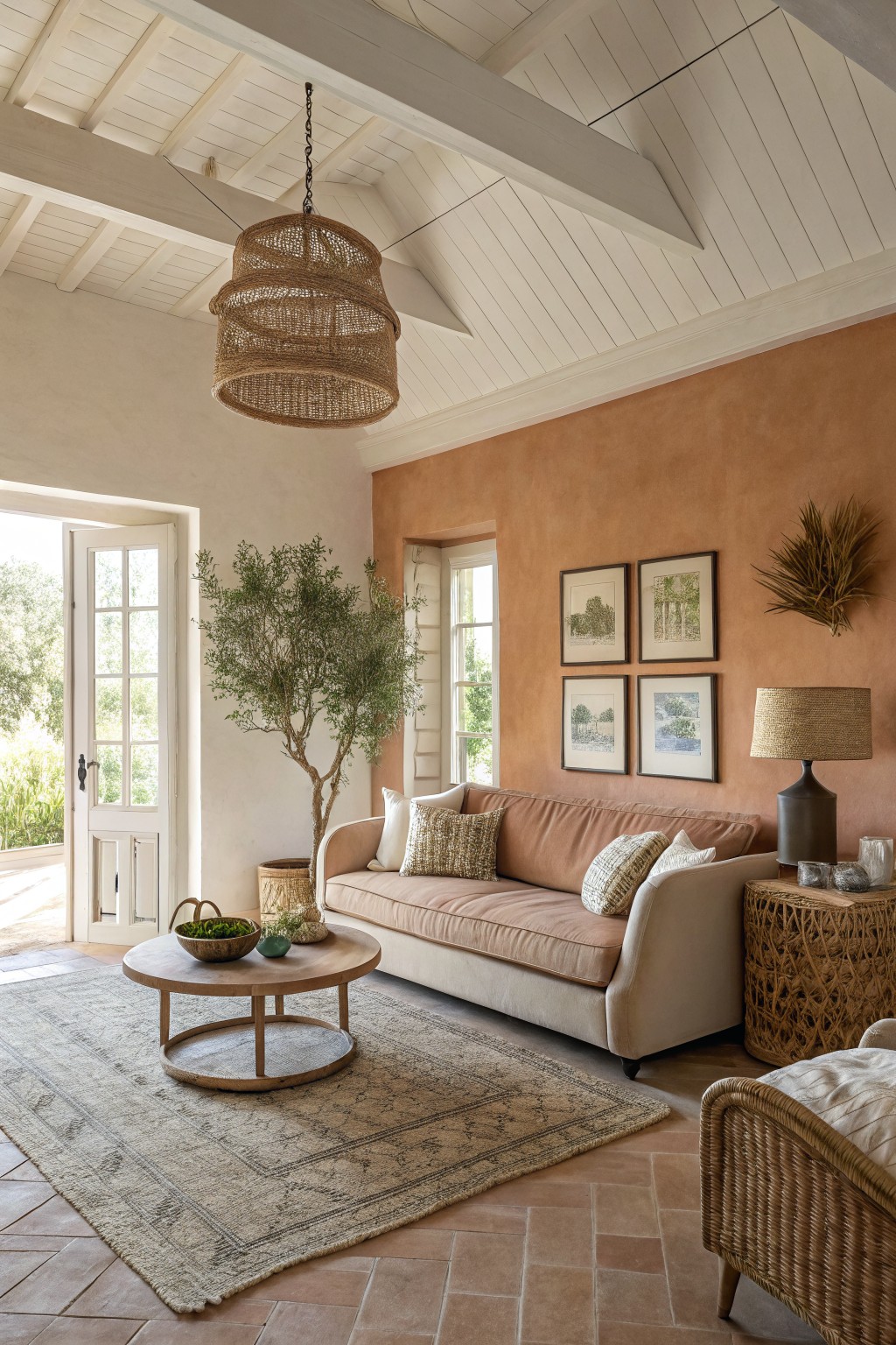 Open living room featuring soft terracotta walls paired with beige sofa, olive tree, rattan details, and warm terracotta tile floors