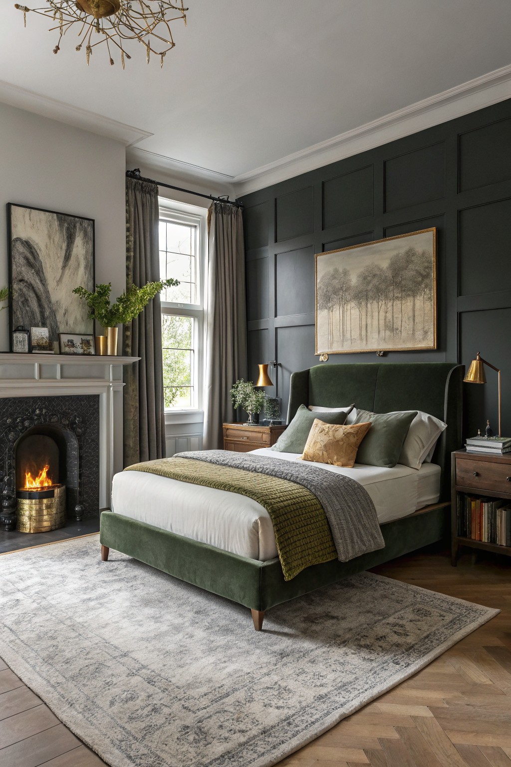 Bedroom featuring deep green paneled wall with green velvet bed, fireplace, gold chandelier, and neutral accents