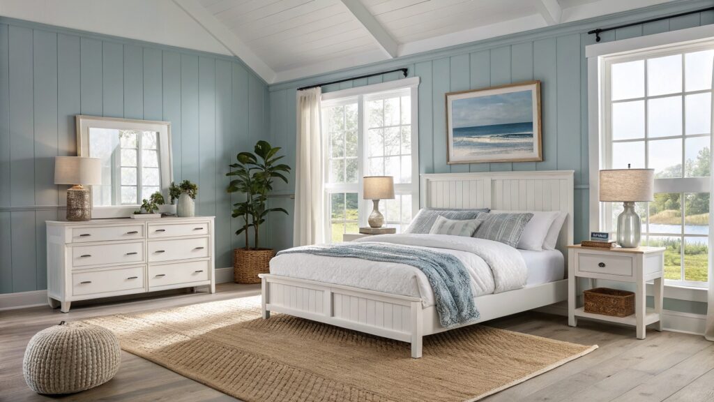 Bedroom featuring light blue vertical board walls, white paneled bed with gray throw, wood nightstands, large ocean photo, potted plant, and seagrass rug on hardwood floors