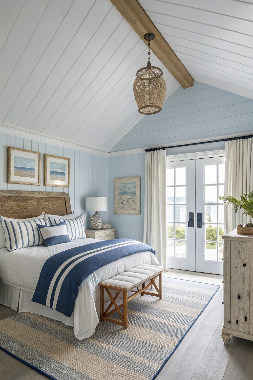 Bedroom interior with pale blue walls, white shiplap ceiling, wood bed frame, navy striped bedding, and French doors to outdoor view