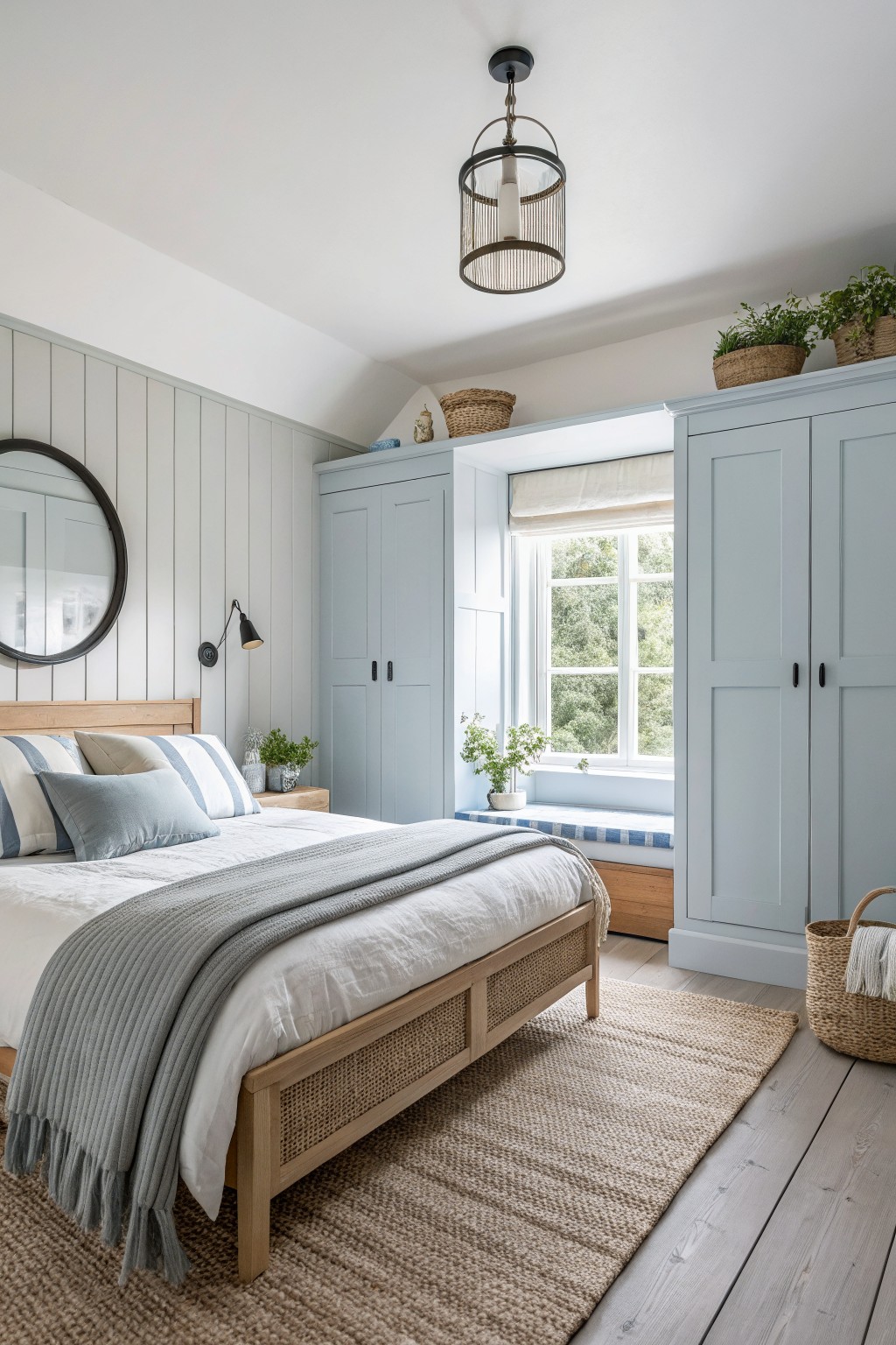 Cozy bedroom featuring tall pale blue wardrobes beside a window seat, light gray shiplap walls, rattan bed with white linens, and natural wood floors
