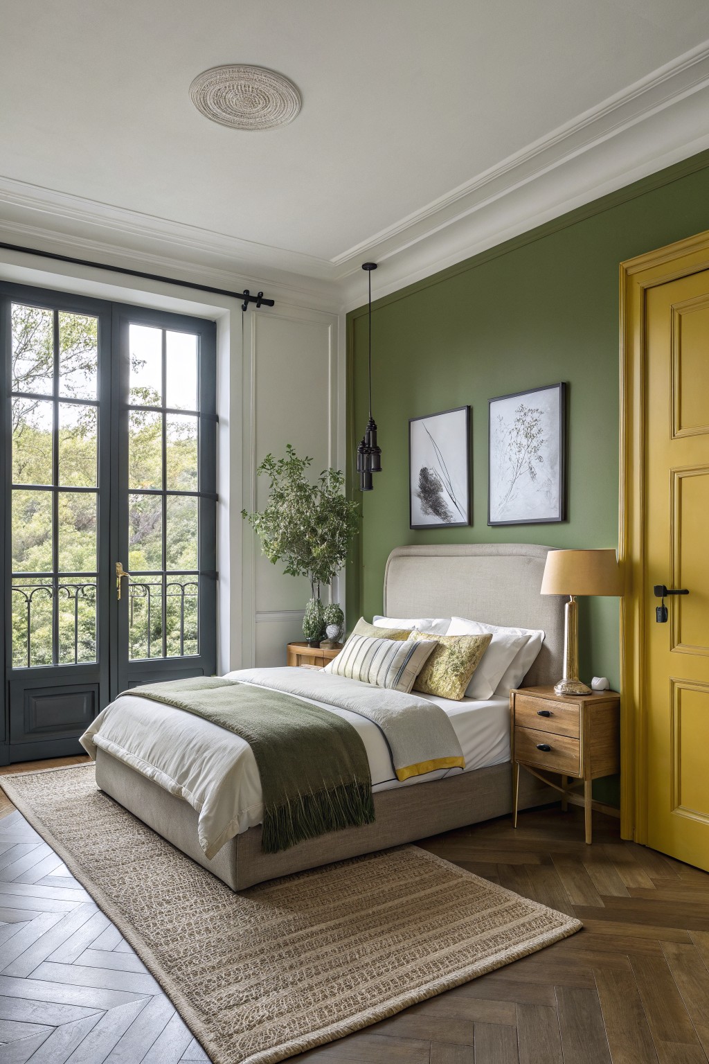 Cozy bedroom featuring sage green accent wall next to a bright yellow door, with large black-framed French doors opening to a balcony, neutral upholstered bed, wooden nightstand, and herringbone parquet floors