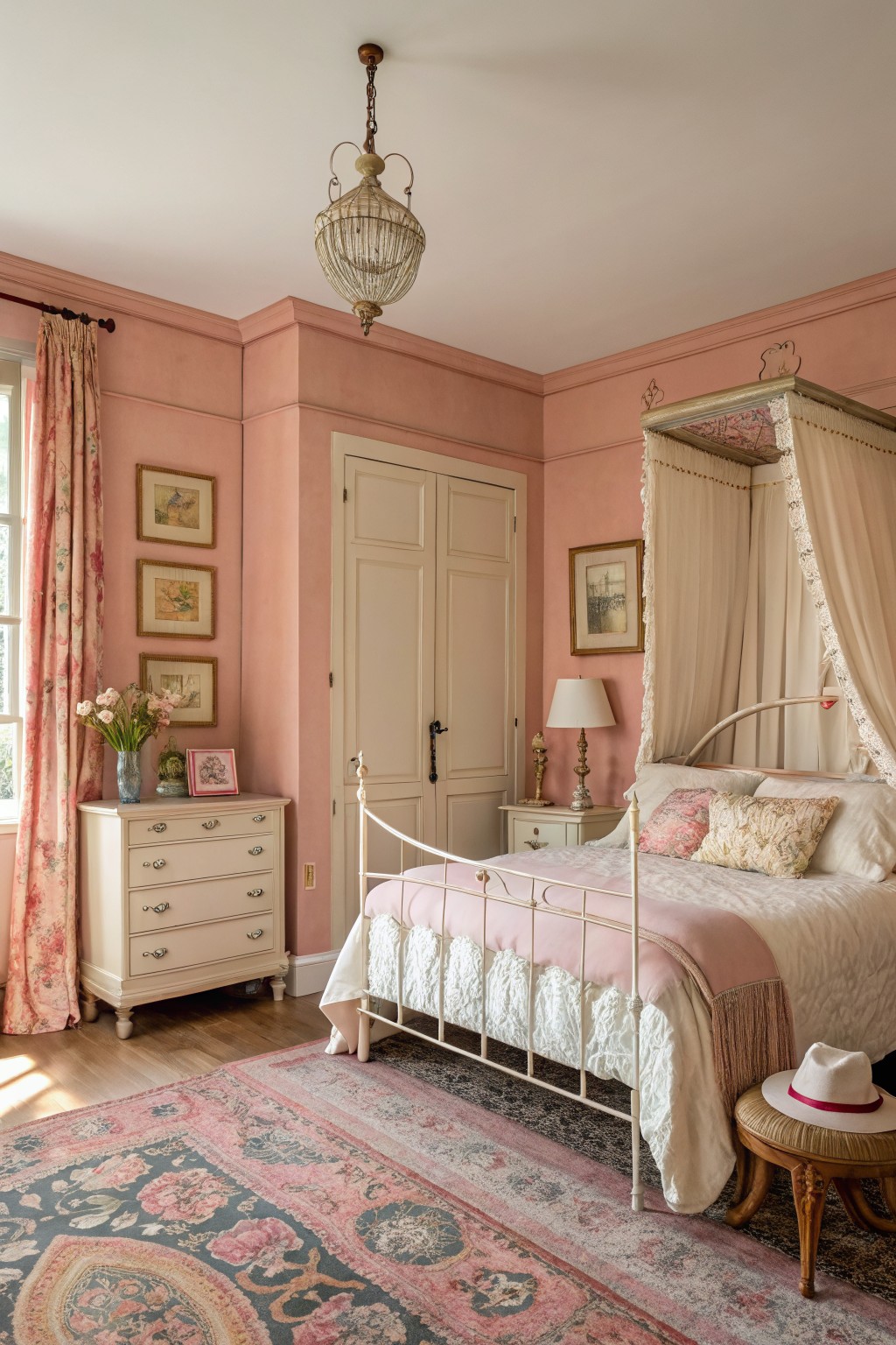 Bedroom interior with pale blush pink walls, white iron canopy bed, antique dresser with flowers, and woven rug