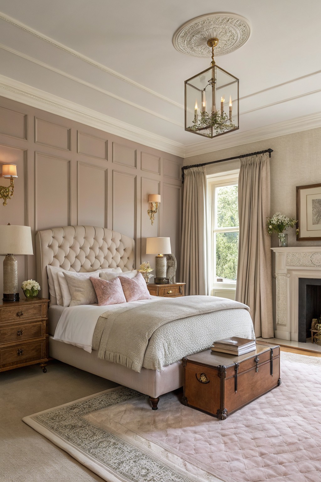 Elegant bedroom featuring soft greige paneled walls, tufted upholstered bed, antique wood furniture, chandelier, and window overlooking trees