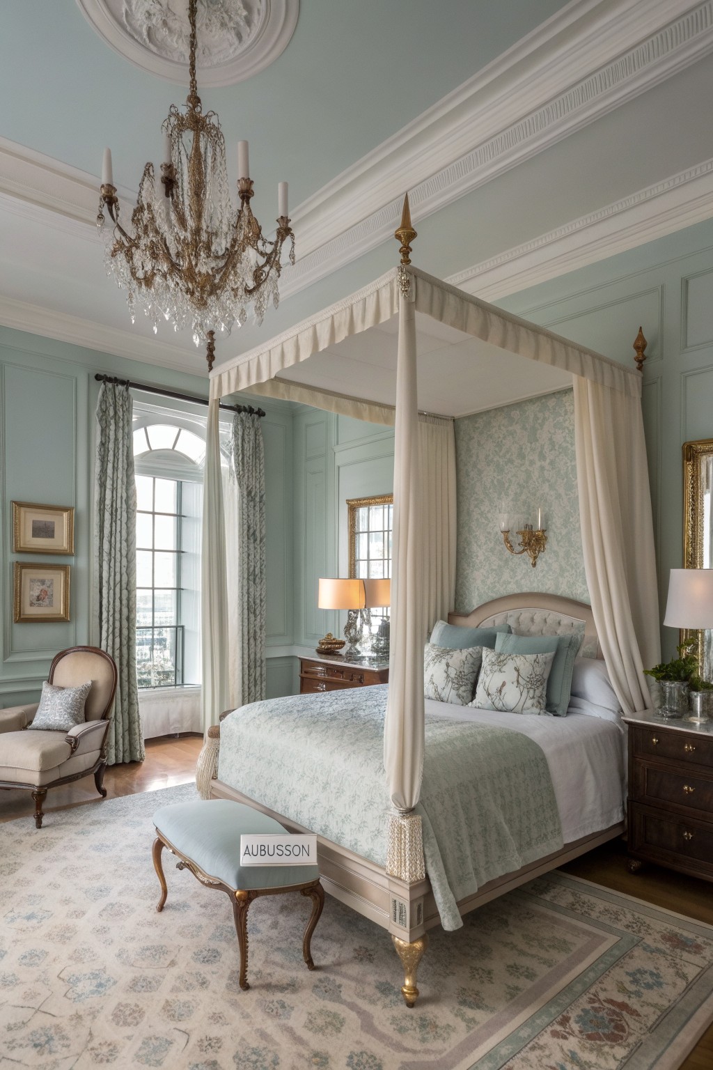 Elegant bedroom with soft pale green walls, four-poster bed draped in cream fabrics, chandelier overhead, and large window with city view