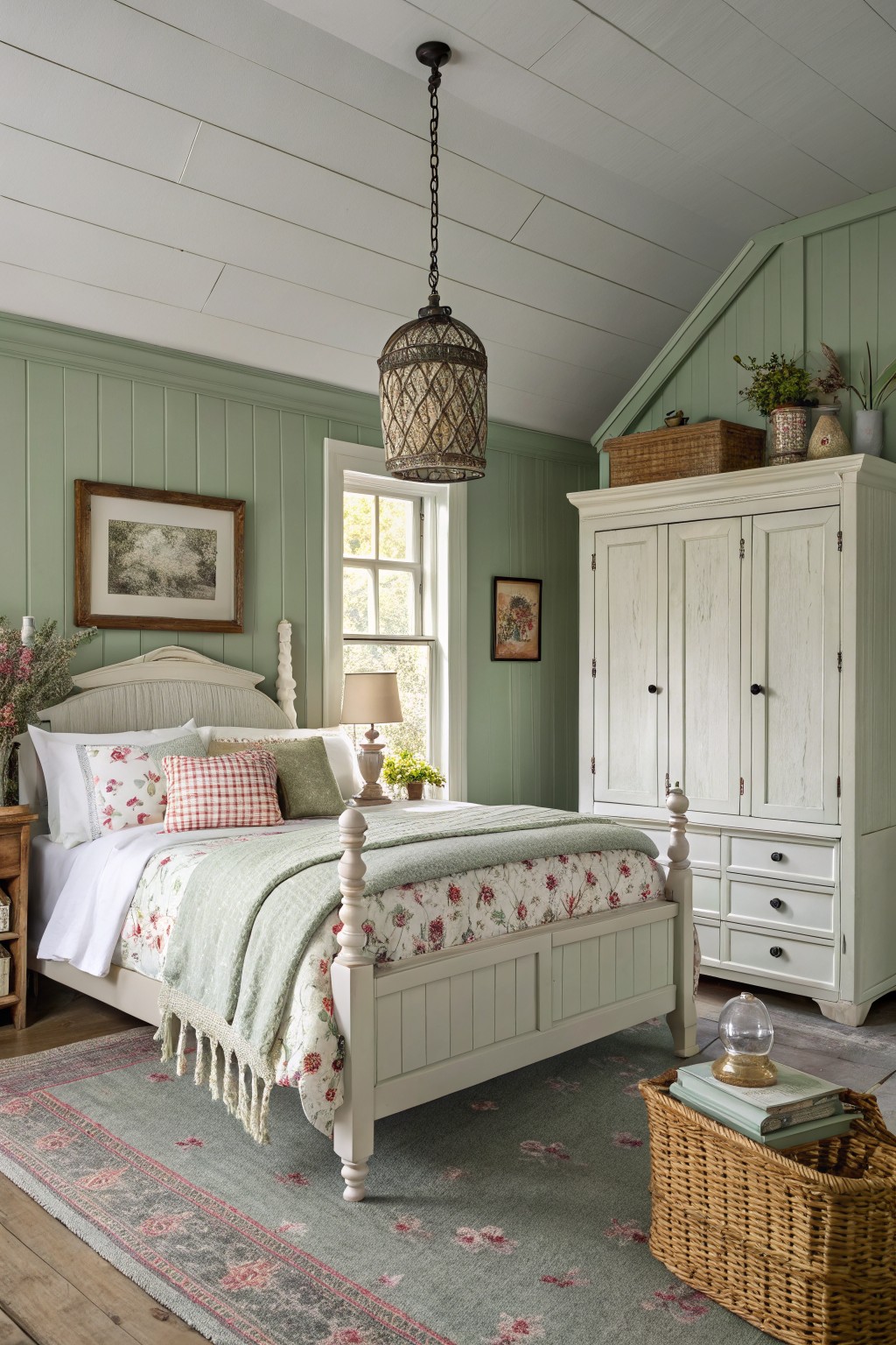 Bedroom with soft sage green paneled walls, white wooden bed and armoire, floral bedding, pendant light, and window light
