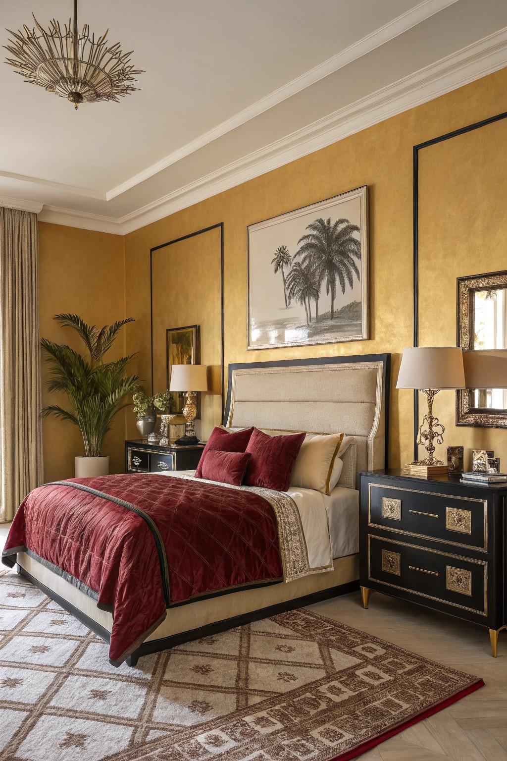 Bedroom interior with shimmering warm gold walls, black-trimmed furniture, cream upholstered bed, and red velvet bedding under a starburst chandelier