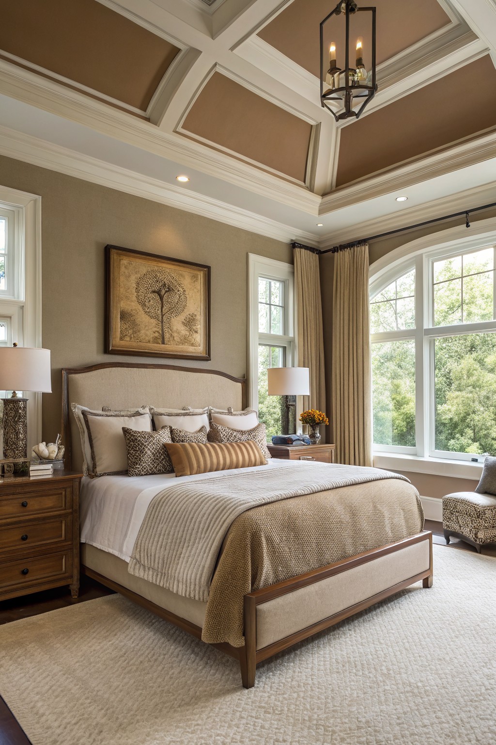 Bedroom interior with warm greige walls, coffered beige ceiling, king bed with neutral linens, wood nightstands, and large arched windows overlooking trees