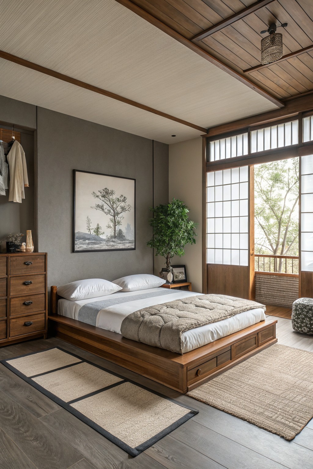 Bedroom interior with warm greige walls, low wooden platform bed, potted plant, and shoji screens opening to trees
