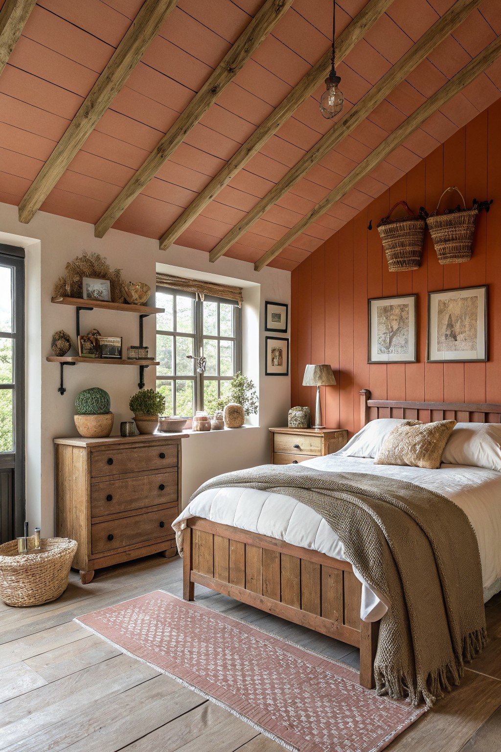 Bedroom with warm terracotta painted walls and sloped ceiling, wooden beams, rustic bed frame, and earthy decor accents