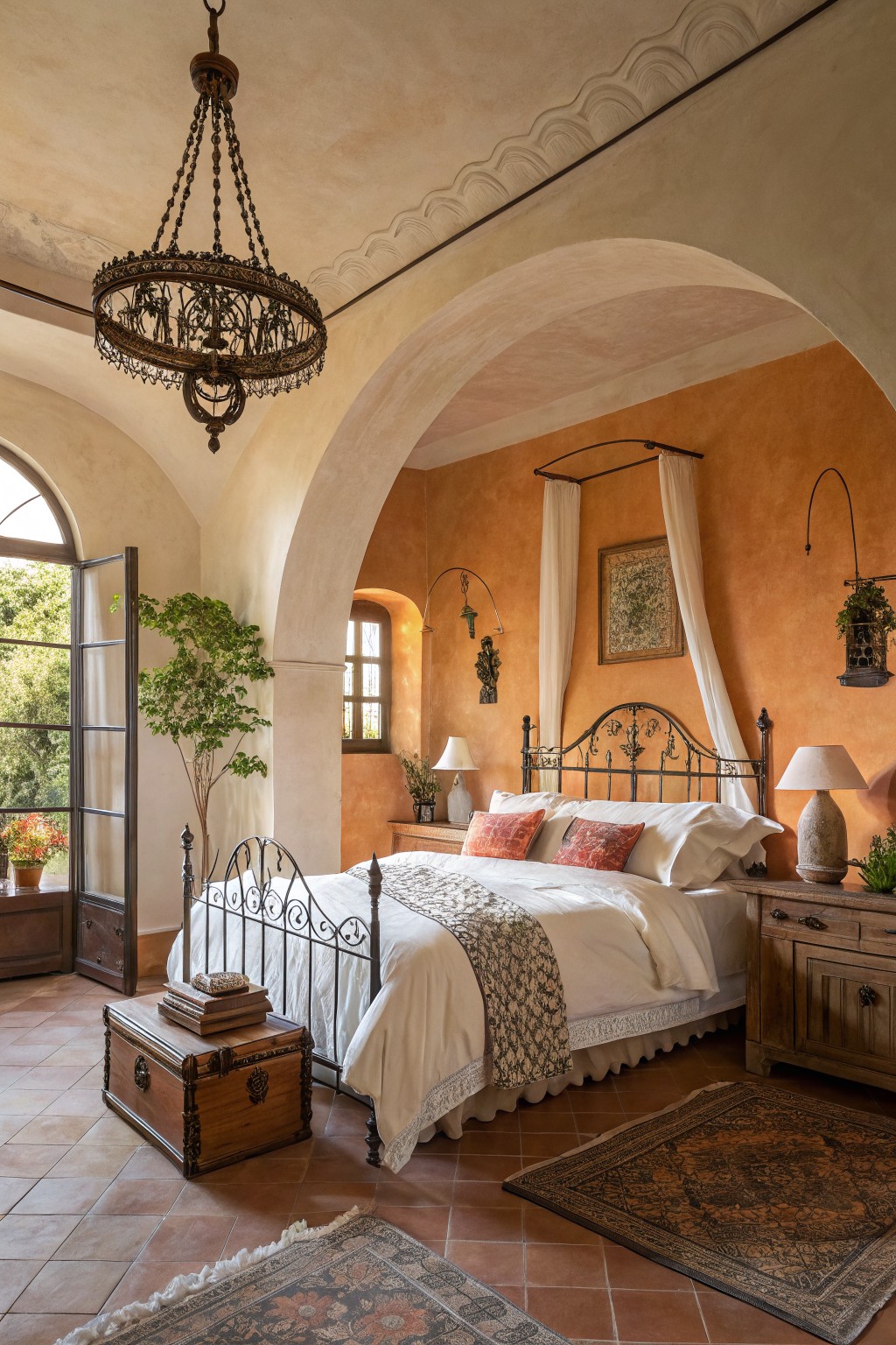 Bedroom with warm terracotta orange walls, white canopy bed, arched doorways, potted plants, and antique furnishings in a Mediterranean-style room