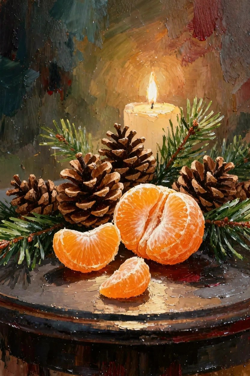 Oil painting of a lit candle, pine cones, fir branches, and halved mandarin oranges on a wooden table with dark background.