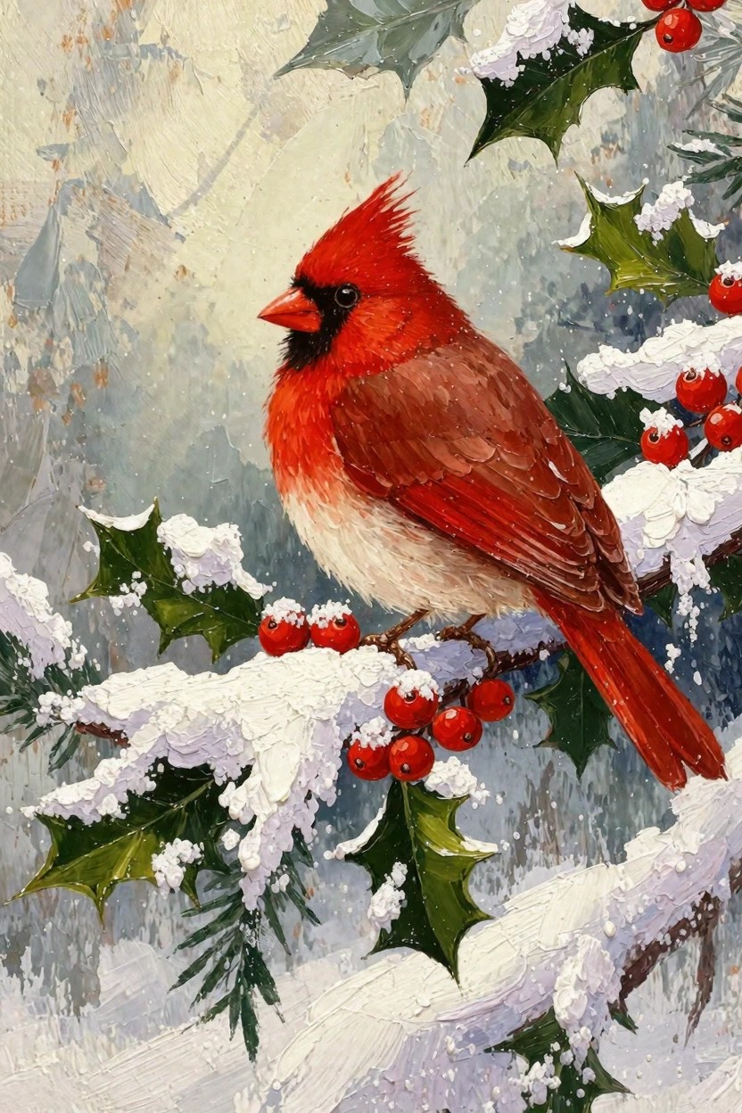 Oil painting of a red cardinal perched on a snow-covered holly branch with red berries and green leaves against a soft winter background.