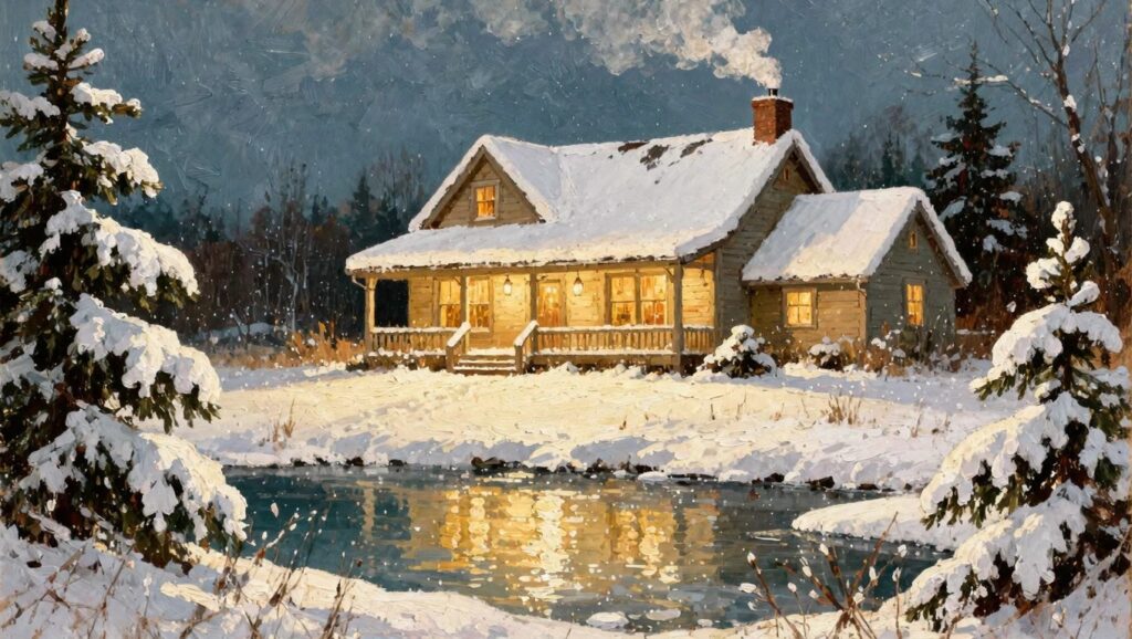 20 Magical Winter Oil Painting Ideas For A Cozy Seasonal Touch Oil painting of a log cabin with yellow glowing windows in heavy snow, surrounded by pine trees and reflecting in a dark pond under a textured blue-purple sky.