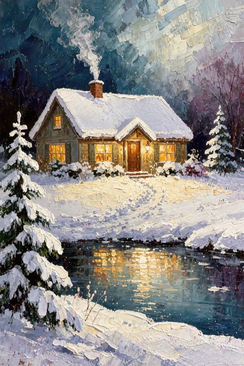 Oil painting of a log cabin with yellow glowing windows in heavy snow, surrounded by pine trees and reflecting in a dark pond under a textured blue-purple sky.