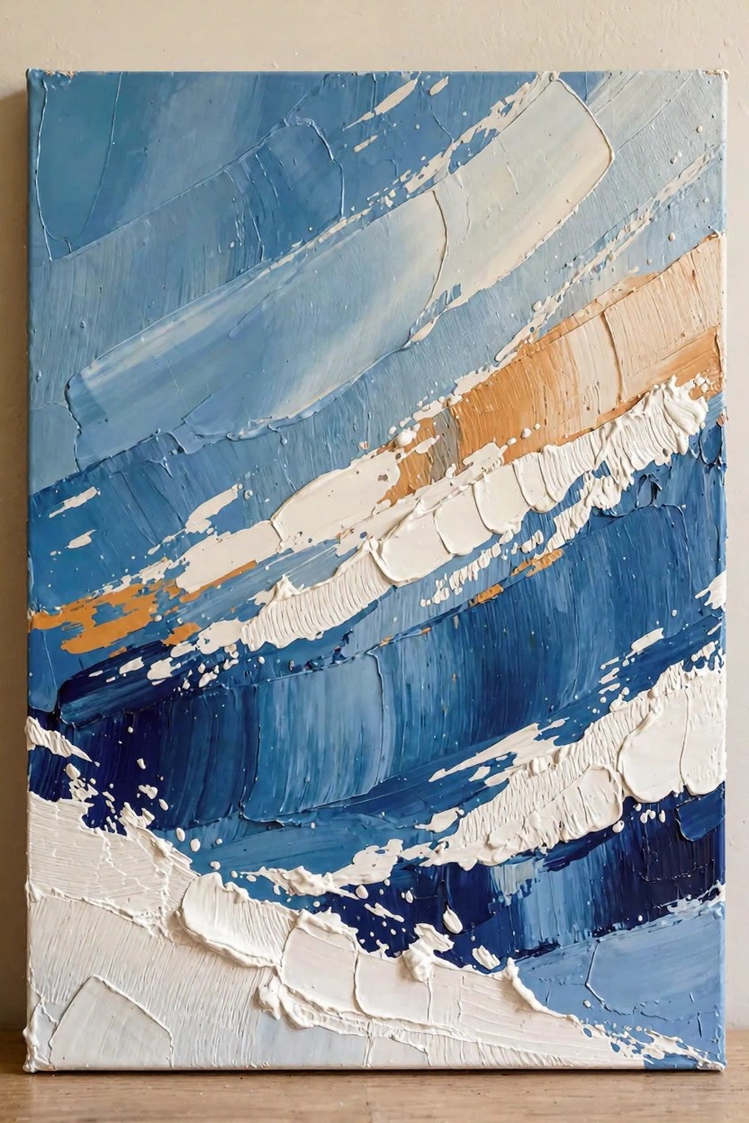 Abstract oil painting with thick blue, white, and orange strokes suggesting ocean waves on canvas.