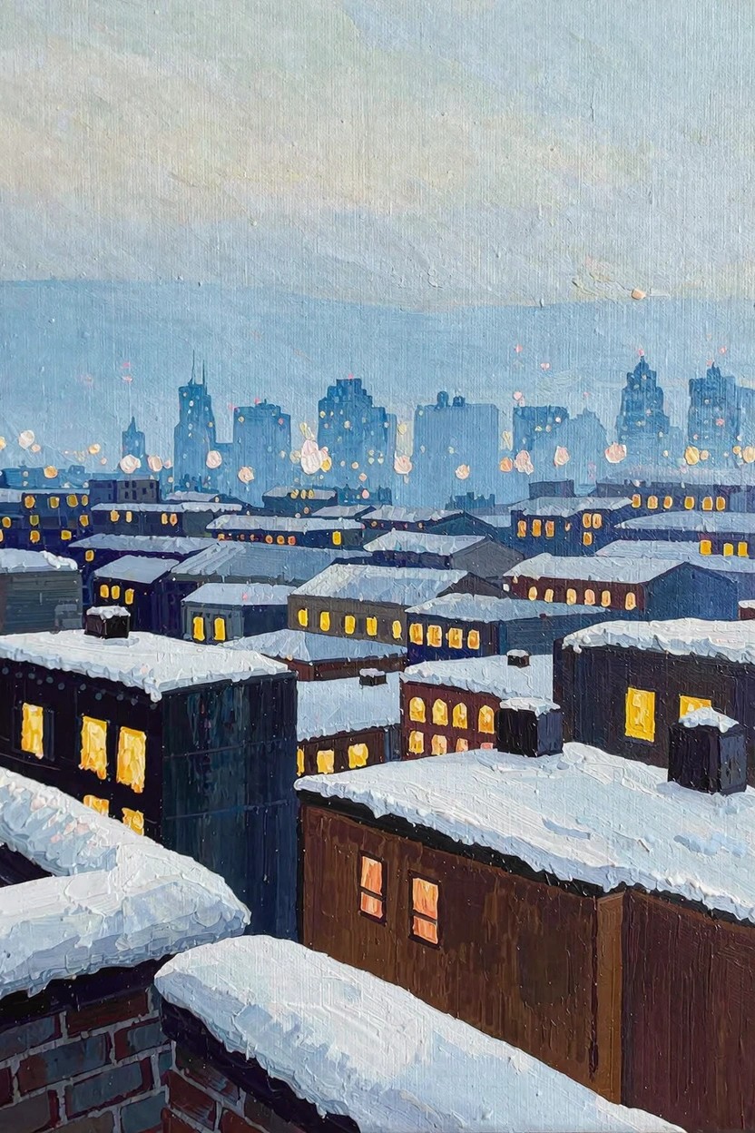 Oil painting of snow-covered rooftops with yellow-lit windows in the foreground and a misty city skyline with lights in the background.