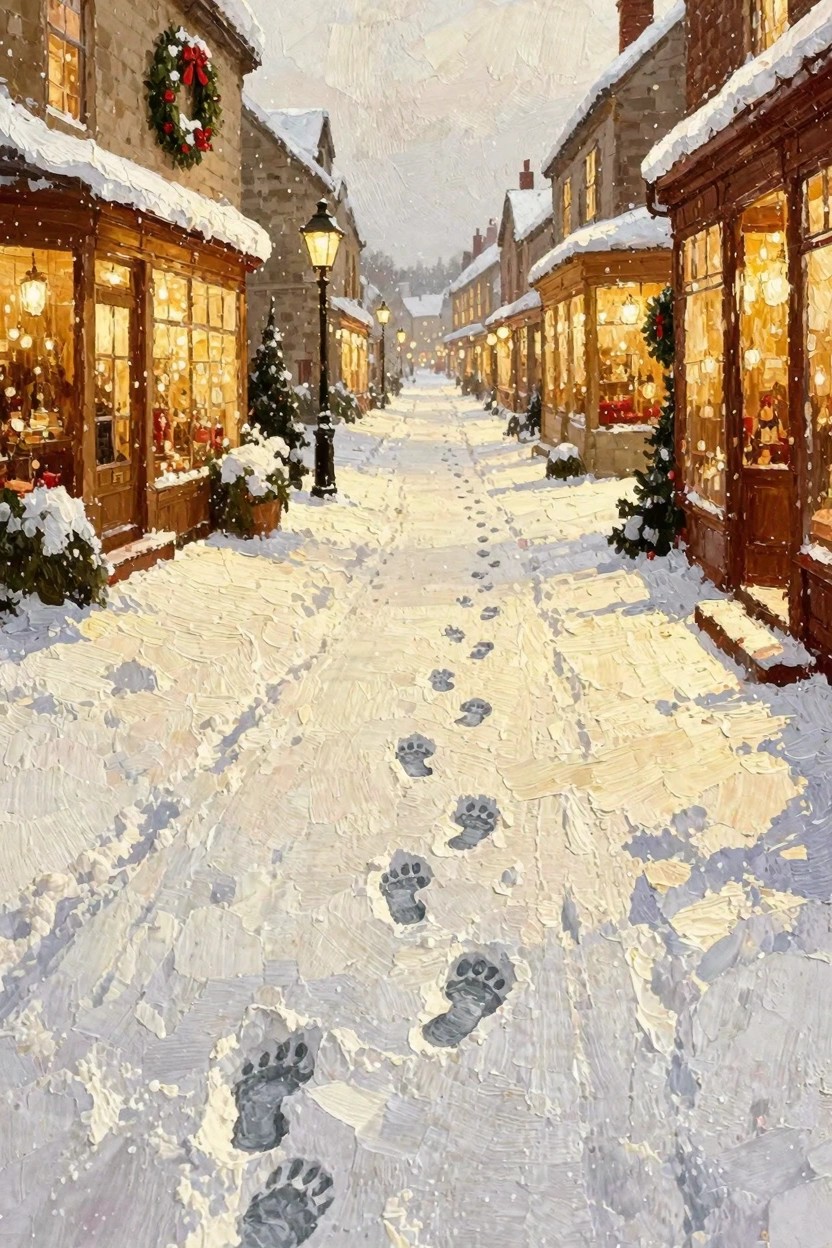 Oil painting of a snowy village street at Christmas with footprints in the path, warmly lit shop windows, wreaths, and gas lamps.
