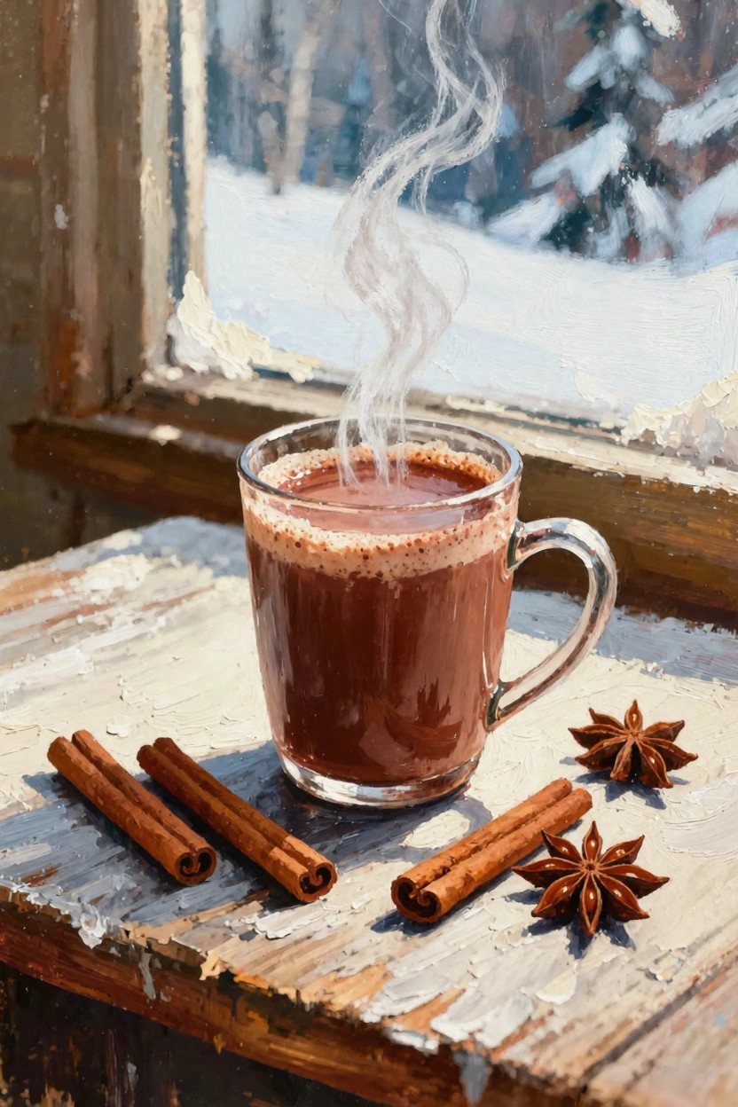 Oil painting of steaming hot chocolate in a glass mug with cinnamon sticks and star anise on a wooden windowsill next to a window showing snowy woods.