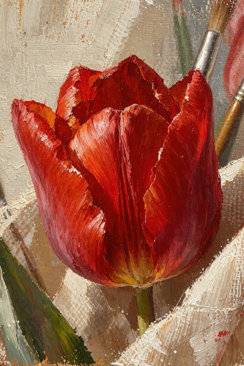 Close-up oil painting of a vibrant red tulip with textured petals, green leaves, artist's brushes, and white canvas cloth.