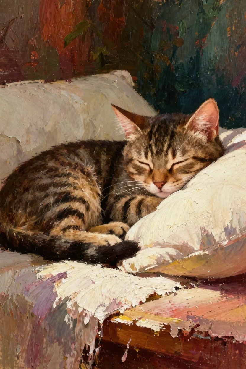 Oil painting of a tabby kitten sleeping curled on a white pillow amid textured surroundings.