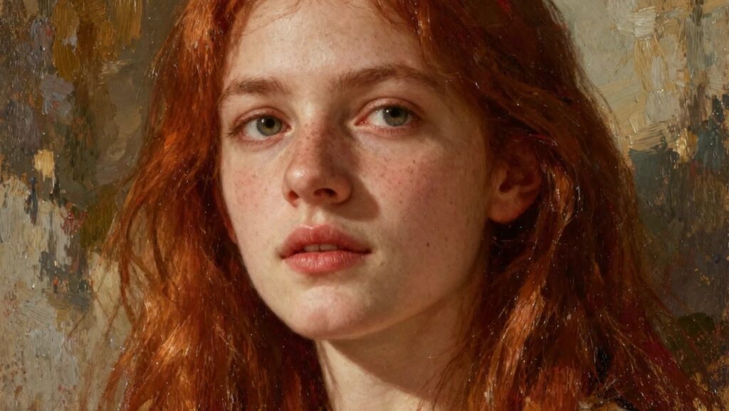 Oil painting of a young woman with long red hair, green eyes, pale skin, and white blouse against a dark forest background.