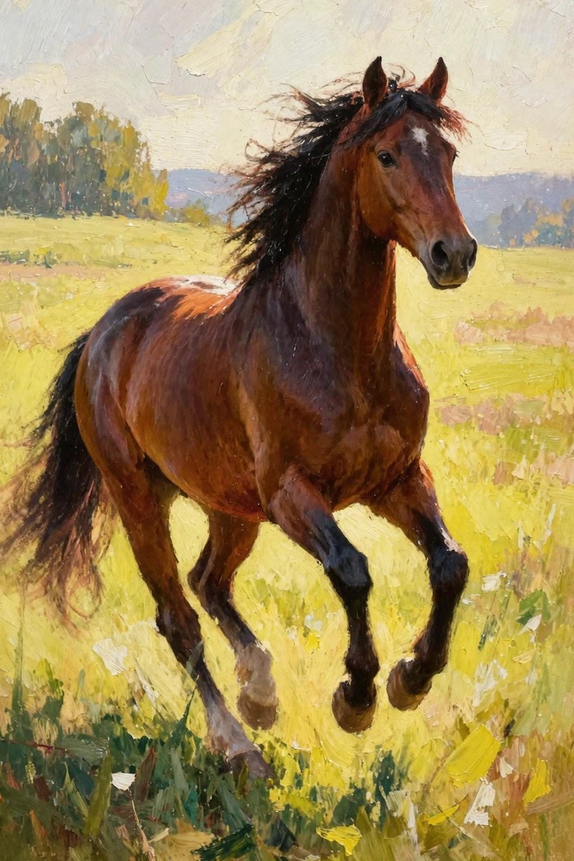 Oil painting of a chestnut horse galloping in a yellow field with distant trees and hills under a light sky.
